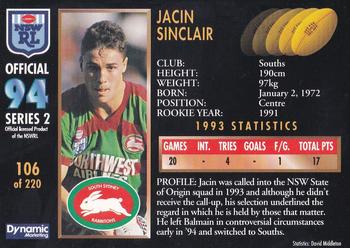 1994 Dynamic Rugby League Series 2 #106 Jacin Sinclair Back